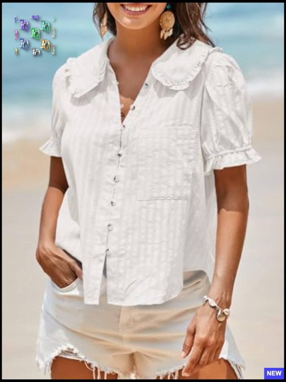 Puff Sleeve Peter Pan Collar Button Down Blouse Casual Textured Cotton Top - Picture 3 of 7